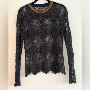 INC International Concepts Black Crochet Long Sleeve Top with Gold Trim Size S